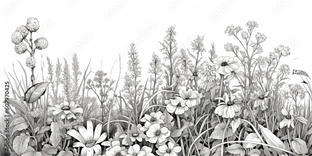 AI Generated. AI Generative. Illustration of coloring book with wildflowers garden. Kids adult meditation drawing color. Graphic Art - obrazy, fototapety, plakaty 