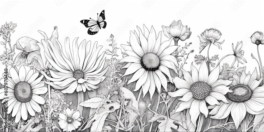 AI Generated. AI Generative. Illustration of coloring book with wildflowers garden. Kids adult meditation drawing color. Graphic Art AI Generated. AI Generative. Illustration of coloring book with wildflowers garden. Kids adult meditation drawing color. Graphic Art