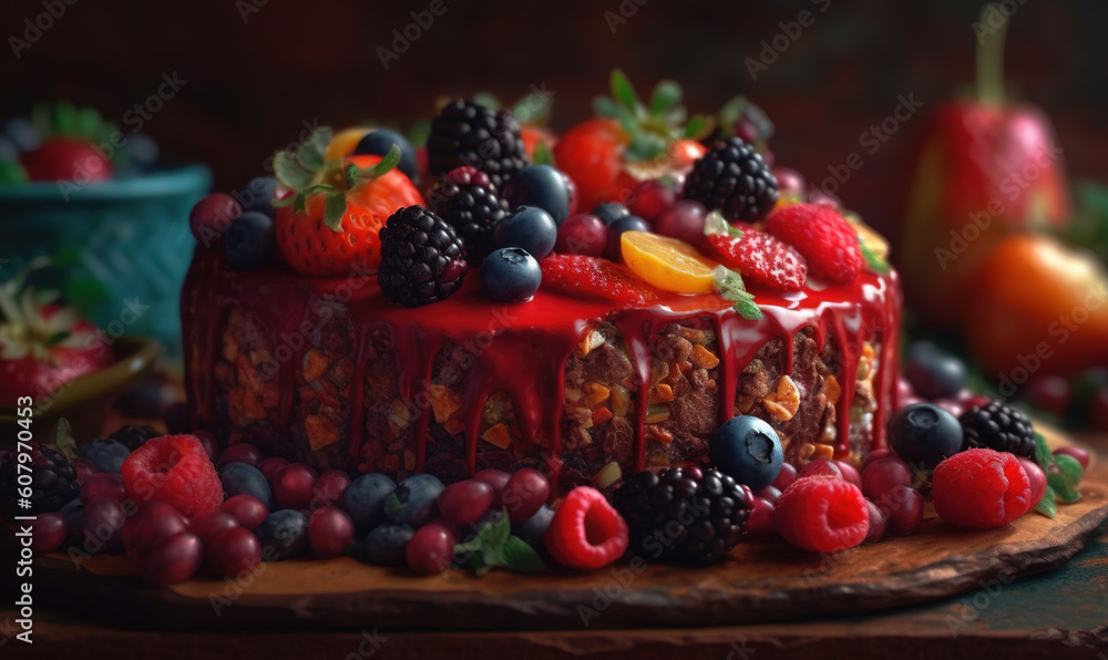  a cake with fruit on top of it on a table.  generative ai