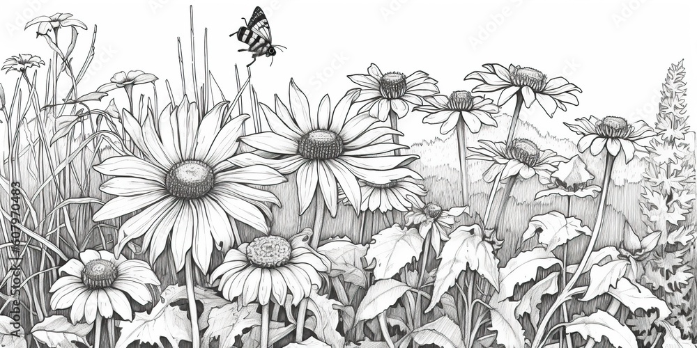 Fototapeta premium AI Generated. AI Generative. Illustration of coloring book with wildflowers garden. Kids adult meditation drawing color. Graphic Art