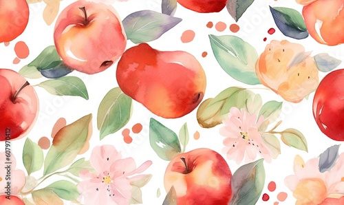 a watercolor painting of apples and flowers on a white background.  generative ai © Olga