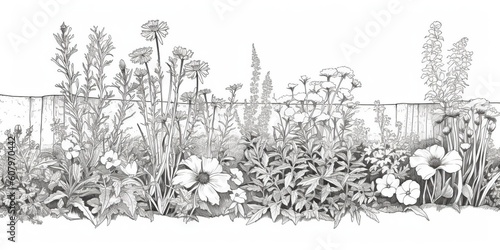 AI Generated. AI Generative. Illustration of coloring book with wildflowers garden. Kids adult meditation drawing color. Graphic Art