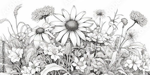 AI Generated. AI Generative. Illustration of coloring book with wildflowers garden. Kids adult meditation drawing color. Graphic Art photo