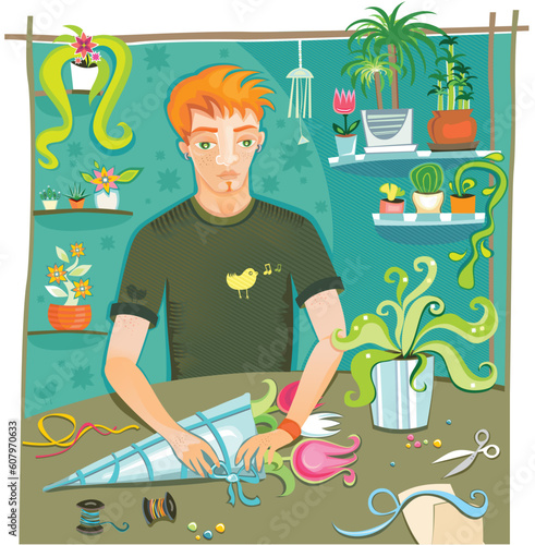 Man making flower bouquet. Flower shop