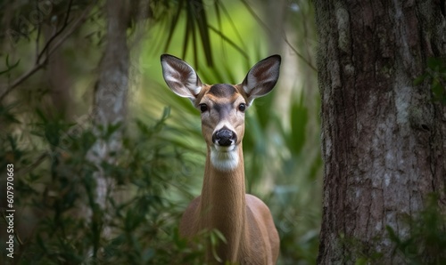  a deer standing in the middle of a forest looking at the camera.  generative ai