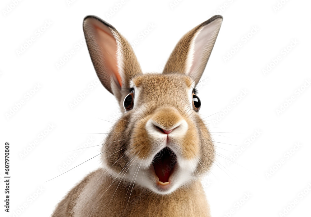 Brown Funny Rabbit with open mouth. AI generative. Isolated on White and png Transparent Backgroundd.