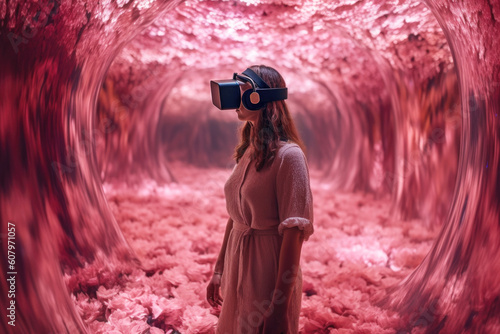 Woman wearing a virtual reality headset in ethereal world.  Generative AI