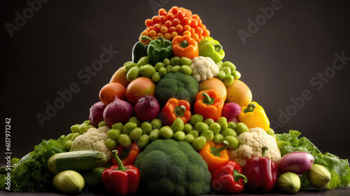 Fruit and vegetable pyramid made of fresh vegetables on a black background
