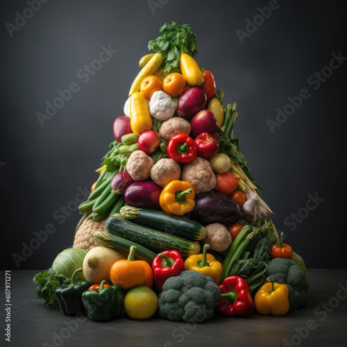Composition with variety of raw organic vegetables on black background. Balanced diet.