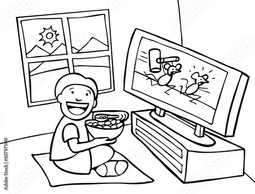 Child watching tv - black and white