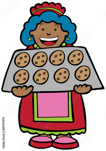 Cartoon image of a lady serving cookies.
