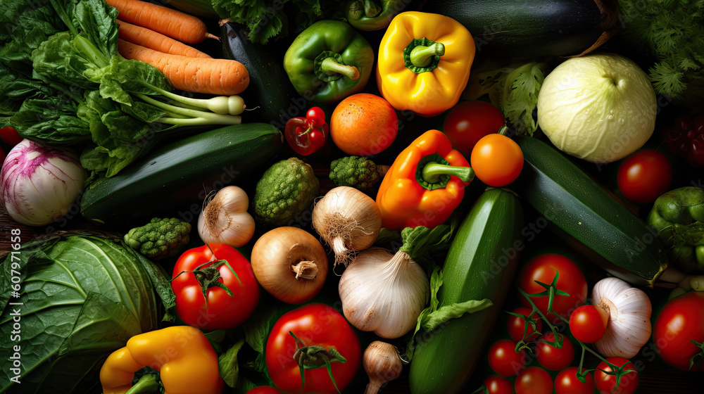 Composition with variety of fresh vegetables on grey background with copy space