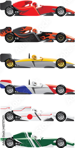 vector illustration of  formula 1. six sports racing car  (three different models and six colorings)