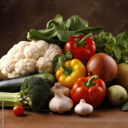 Variety of fresh organic vegetables and fruits as background  top view