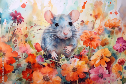 Watercolor painting of a cute rat in a colorful flower field. Ideal for art print, greeting card, springtime concepts etc. Made with generative AI. 