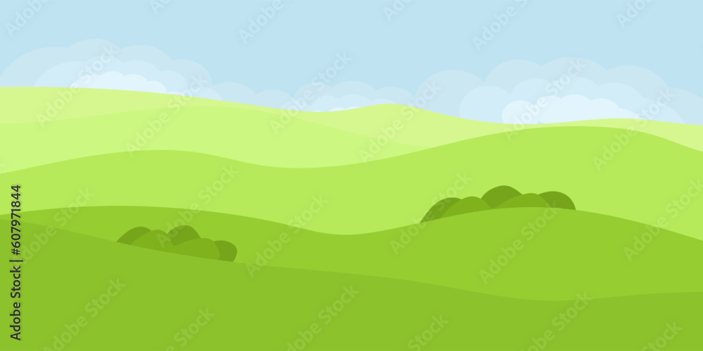 Summer landscape with green fields or grass, hills, blue sky and clouds. Landscape background with natural scene for poster, banner, wall art, greeting card. Vector illustration