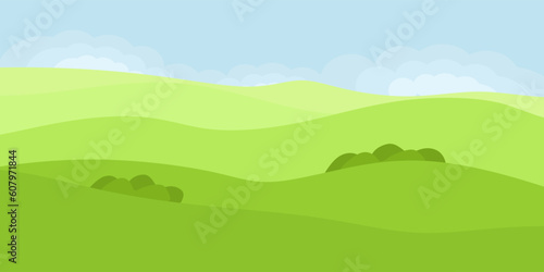 Summer landscape with green fields or grass, hills, blue sky and clouds. Landscape background with natural scene for poster, banner, wall art, greeting card. Vector illustration