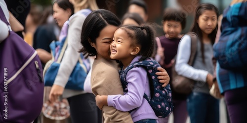 A child experiencing the first day of school in kindergarten or preschool. Showing the emotion of the day - Generative AI 