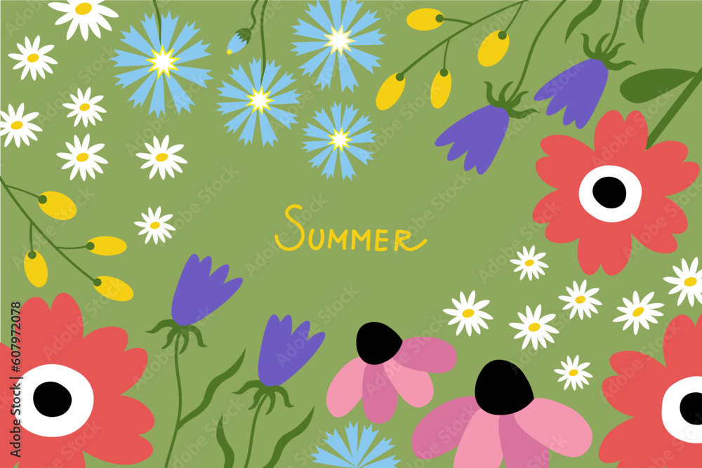 Flower. Template illustration with summer flowers hand lettering Summer. Floral motif during the flowering period with daisies, cornflowers, acacia, bluebell, poppy. Decorative background. 