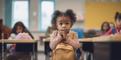 A child experiencing the first day of school in kindergarten or preschool. Showing the emotion of the day - Generative AI  photo