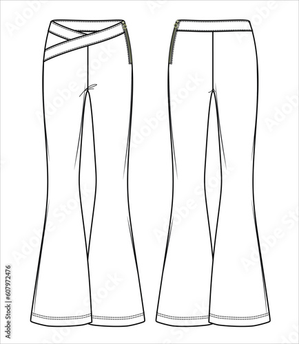 Vector high waist flared leggings fashion CAD, woman ribbed pants technical drawing, template, sketch, flat. Jersey or woven fabric trousers with front, back view, white color