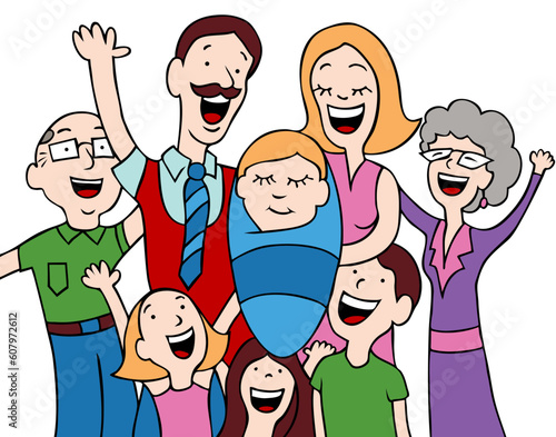 Cartoon of a family welcoming a new baby into the world.