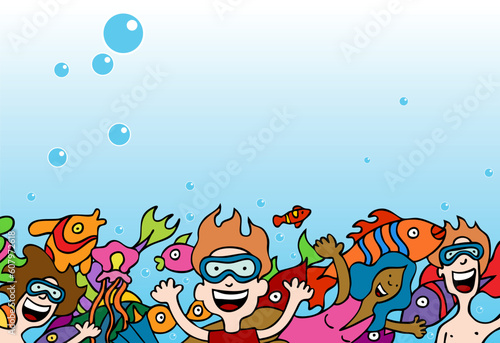 Cartoon drawing of people swimming with the fishes underwater.