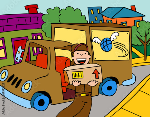 Cartoon of a shipment serviceman delivering a package in a residential neighborhood.