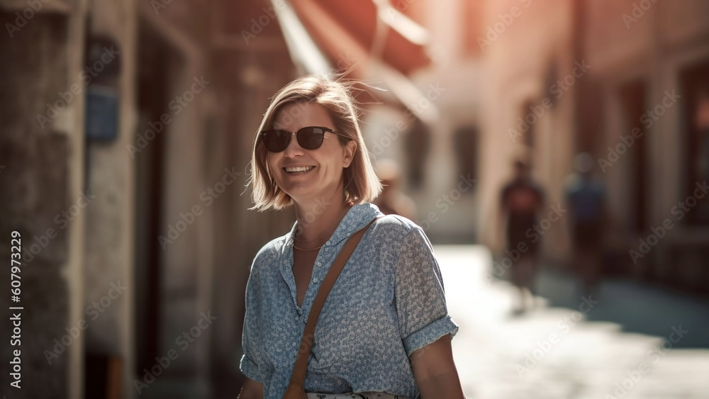 Happy smiling middle aged woman. Portrait of beautiful joyful woman in casual apparel and sunglasses on the city street during sunny day. Travel, easy lifestyle concept 