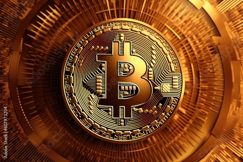 Bitcoin coin on technological golden background  Generative AI
