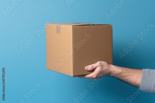 Hand holding cardboard box on blue background, hand with package, Generative AI  © Kaleb