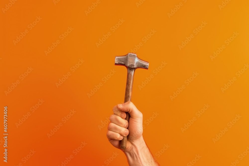 Hand holding hammer isolated on orange background, Generative AI