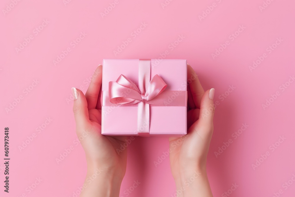 Hand holding pink gift box on pink background, Generative AI Hand holding pink gift box on pink background, Generative AI