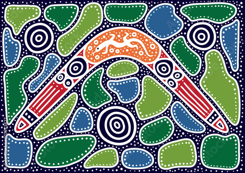 Vector pattern including ethnic Australian motive with multicolored typical elements