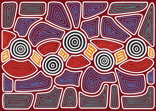 Vector pattern including ethnic Australian motive with multicolored typical elements