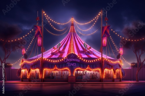 Circus with purple and violet lights in Las Vegas night, Circus facade with neon lights, Generative AI © Kaleb