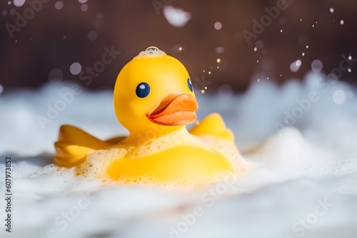 Yellow duck toy in soap foam water. Generative AI.