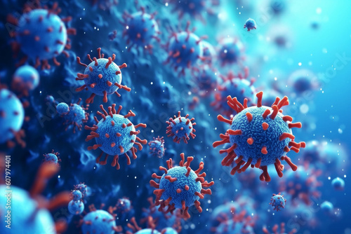 Close up macro details of red blue microbes molecules virus bacteria. Coronavirus outbreak COVID-19