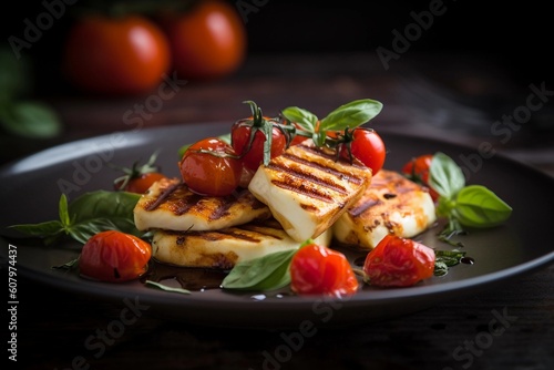 Close up of grilled cheese with tomatoes, created with Generative AI technology.