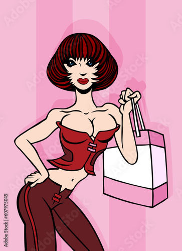 Cartoon of a sexy girl in a corset holding a shopping bag.