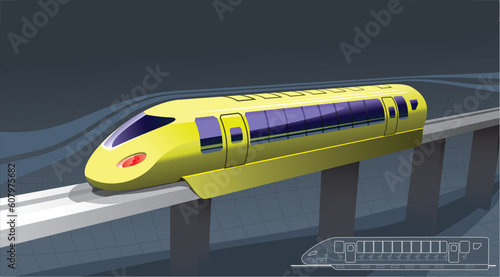 illustration of a train of magnetic suspension. in the lower right corner - the drawing. -side view.