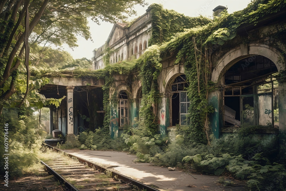 abandoned old train station overgrown with ivy created with Generative AI technology abandoned old train station overgrown with ivy created with Generative AI technology
