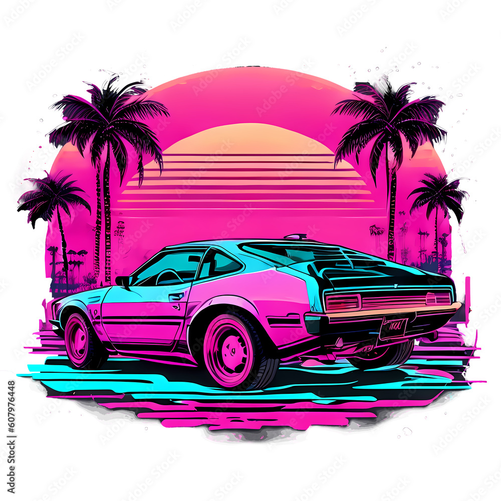 Car on Miami beach with Palm trees and sunset in the background. Synthwave edition. Transparent background for T-Shirt designs. Vintage