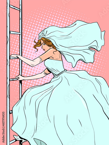 Escape from prejudice. The desire to move forward in self-development. The bride goes up or down the stairs. Pop Art Retro