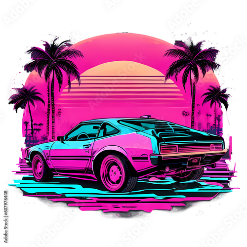 Car on Miami beach with Palm trees and sunset in the background. Synthwave edition. Transparent background for T-Shirt designs. Vintage © DOMI