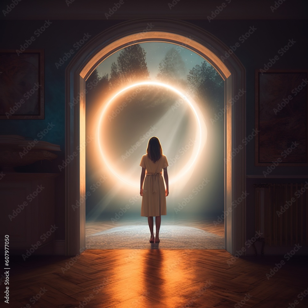 Woman entering a portal to another Universe or dimensions. Concept of multiverse or parallel realities - obrazy, fototapety, plakaty 