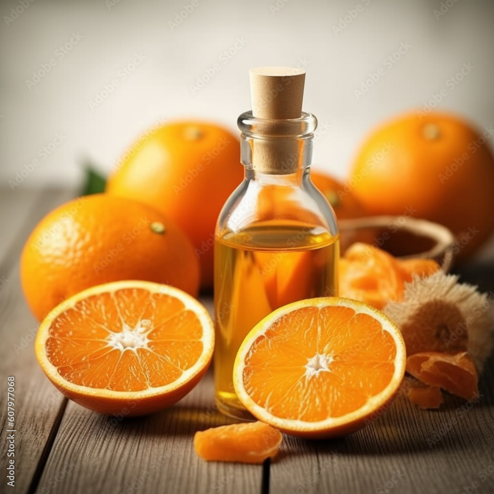 Generative ai. Lemon essential oil and lemon fruit on wooden background Generative ai. Lemon essential oil and lemon fruit on wooden background