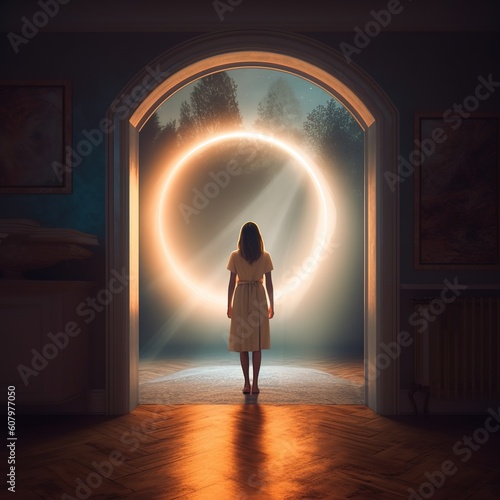 Woman entering a portal to another Universe or dimensions. Concept of multiverse or parallel realities