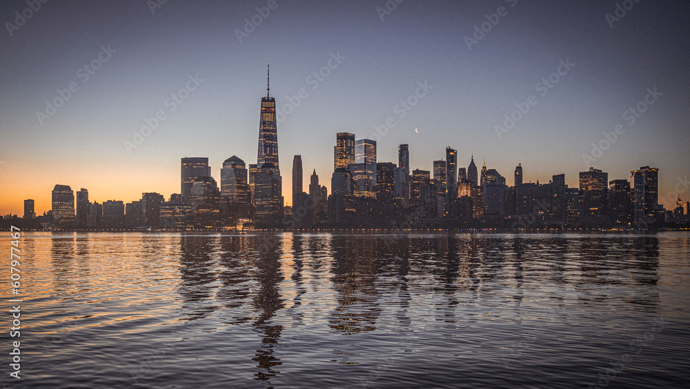 Sunrise over New York City skyline, America