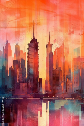 Vibrant multicolored cityscape with high skyscrapers with colored glass windows in a carmine red sunset